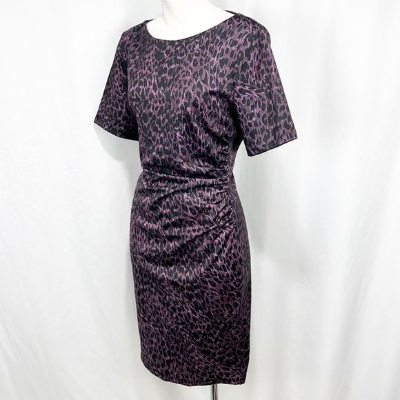Elie Tahari Raveena Ruched Sheath Dress Aubergine Purple & Black Leopard Print 8 - Picture 5 of 13